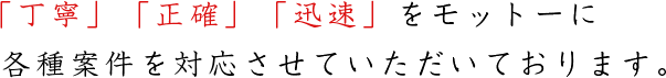 「丁寧」「正確」「迅速」をモットーに各種案件を対応させていただいております。